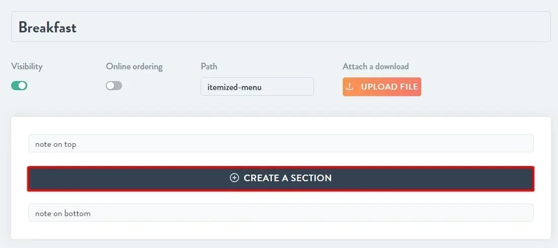 create a new menu section
