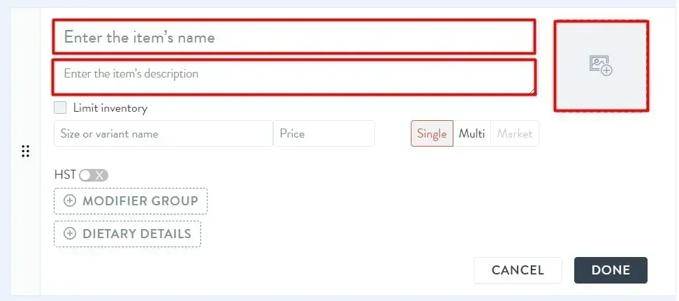 add the menu item's details