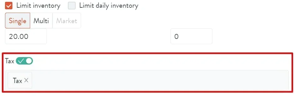 enable tax on an online menu