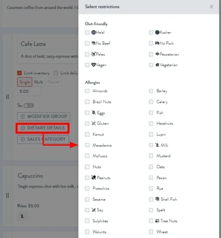 add dietary details to a menu item