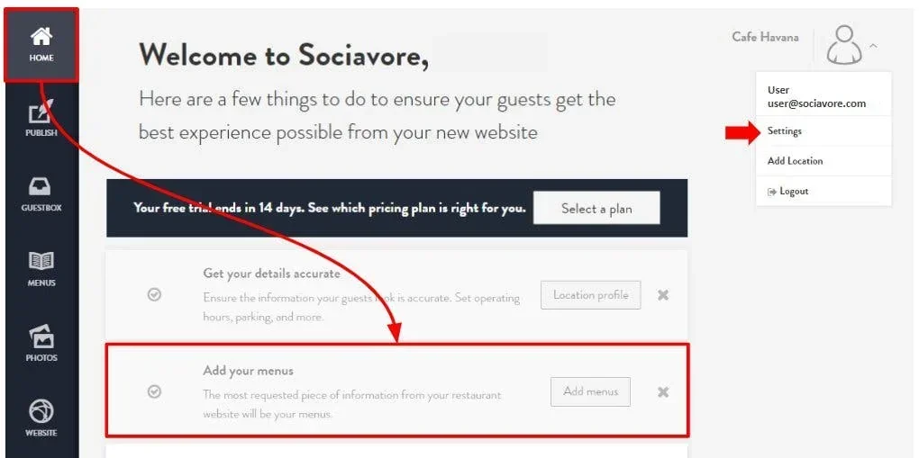 Add your menus from welcome screen