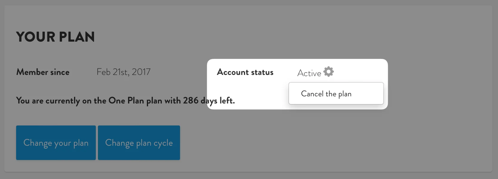 Account status gear icon in Account Settings