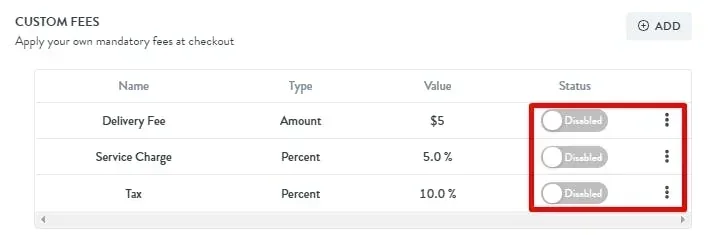 enable or disable custom fees at checkout