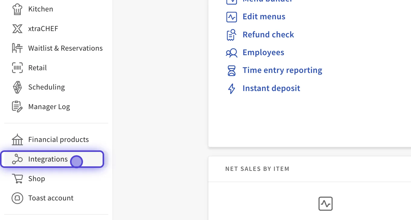 Toast Merchant Portal Integrations menu