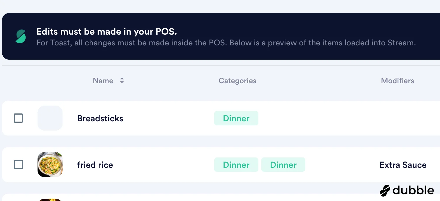 Toast menu items are read-only in Sociavore