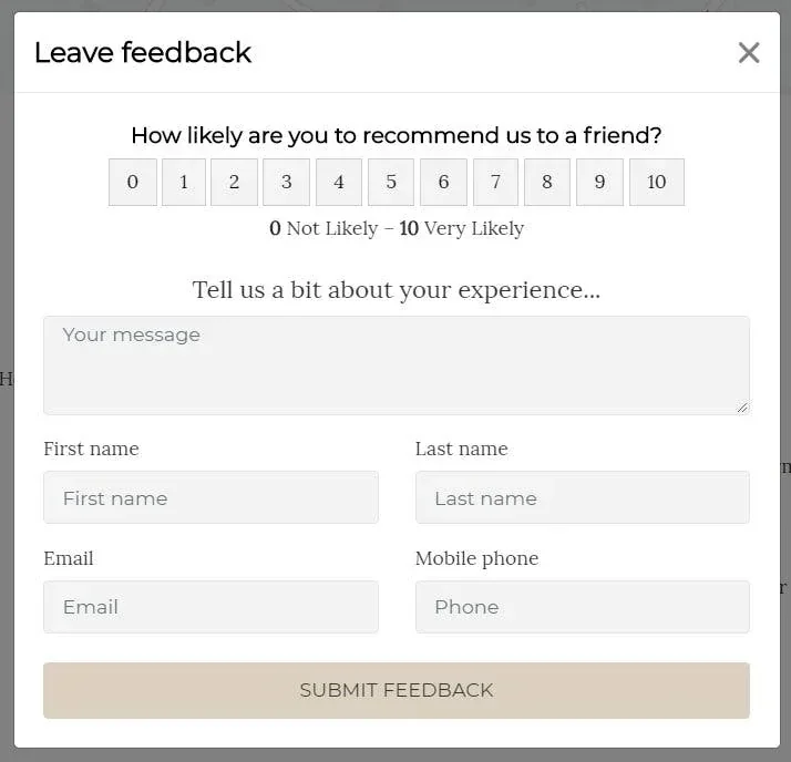sample feedback pop-up
