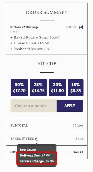where custom fees are displayed to the customer