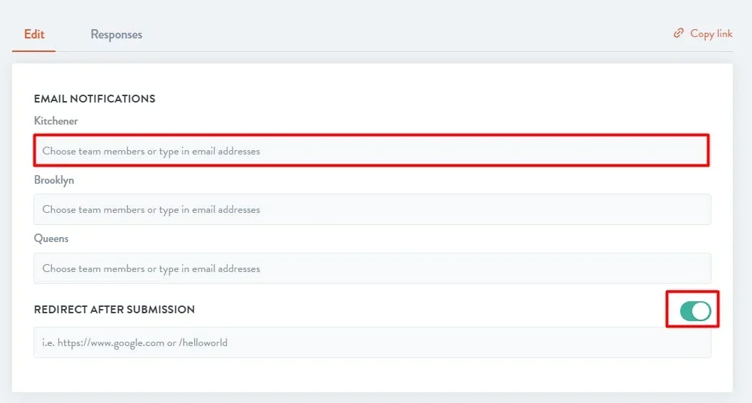email and redirect options