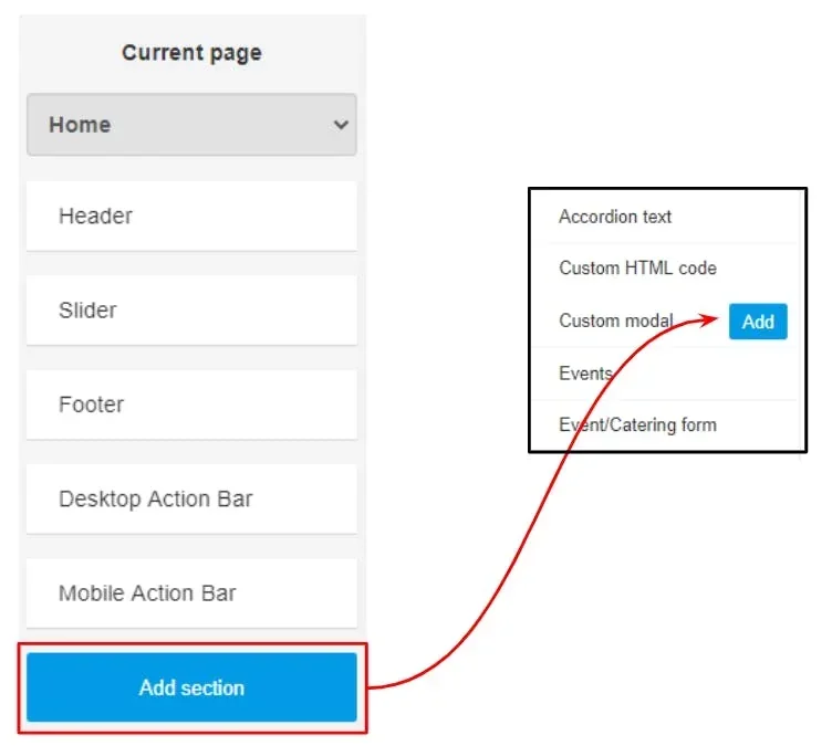 add section button for custom modal