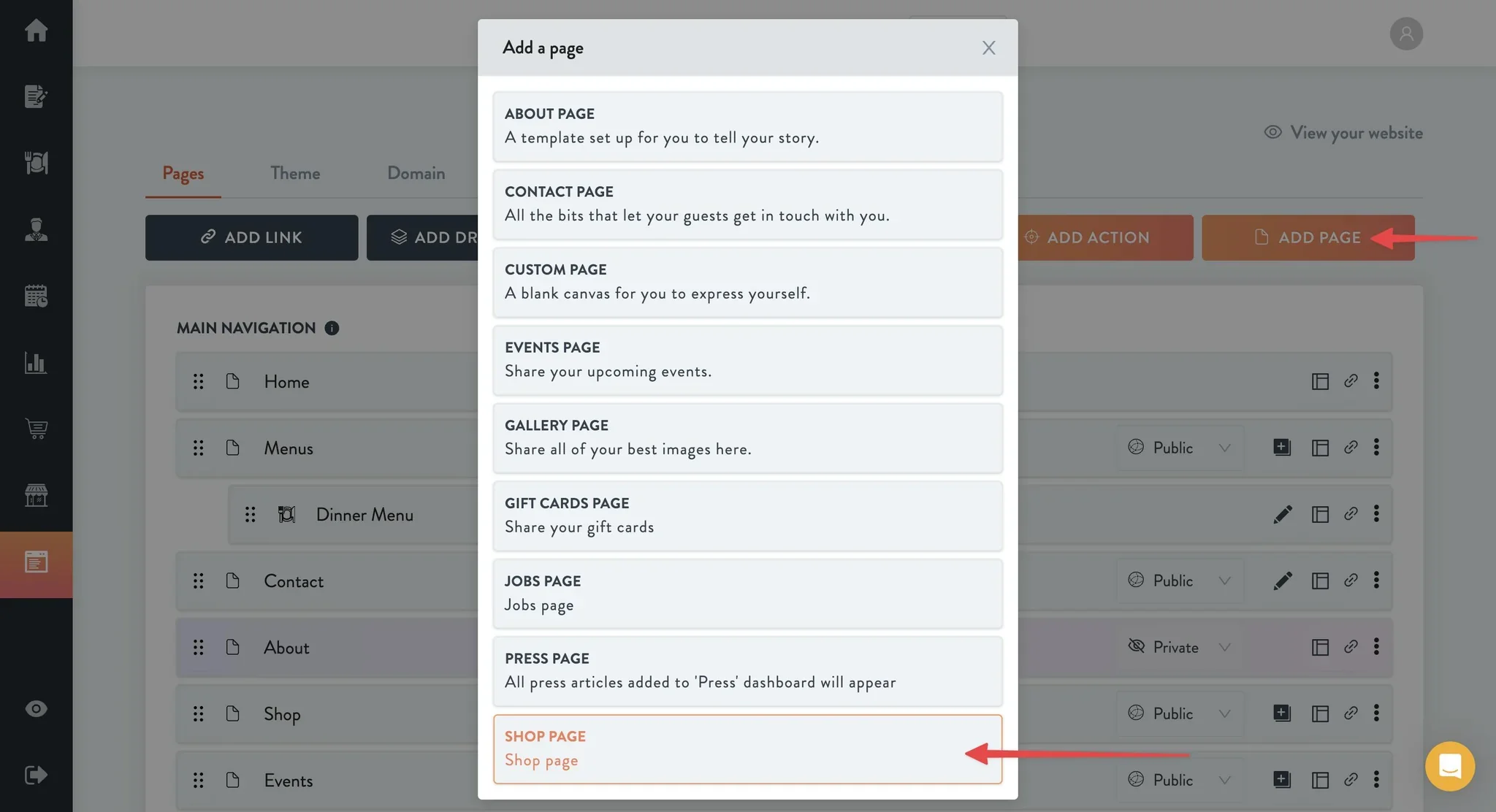 click add a page, and then a shop page