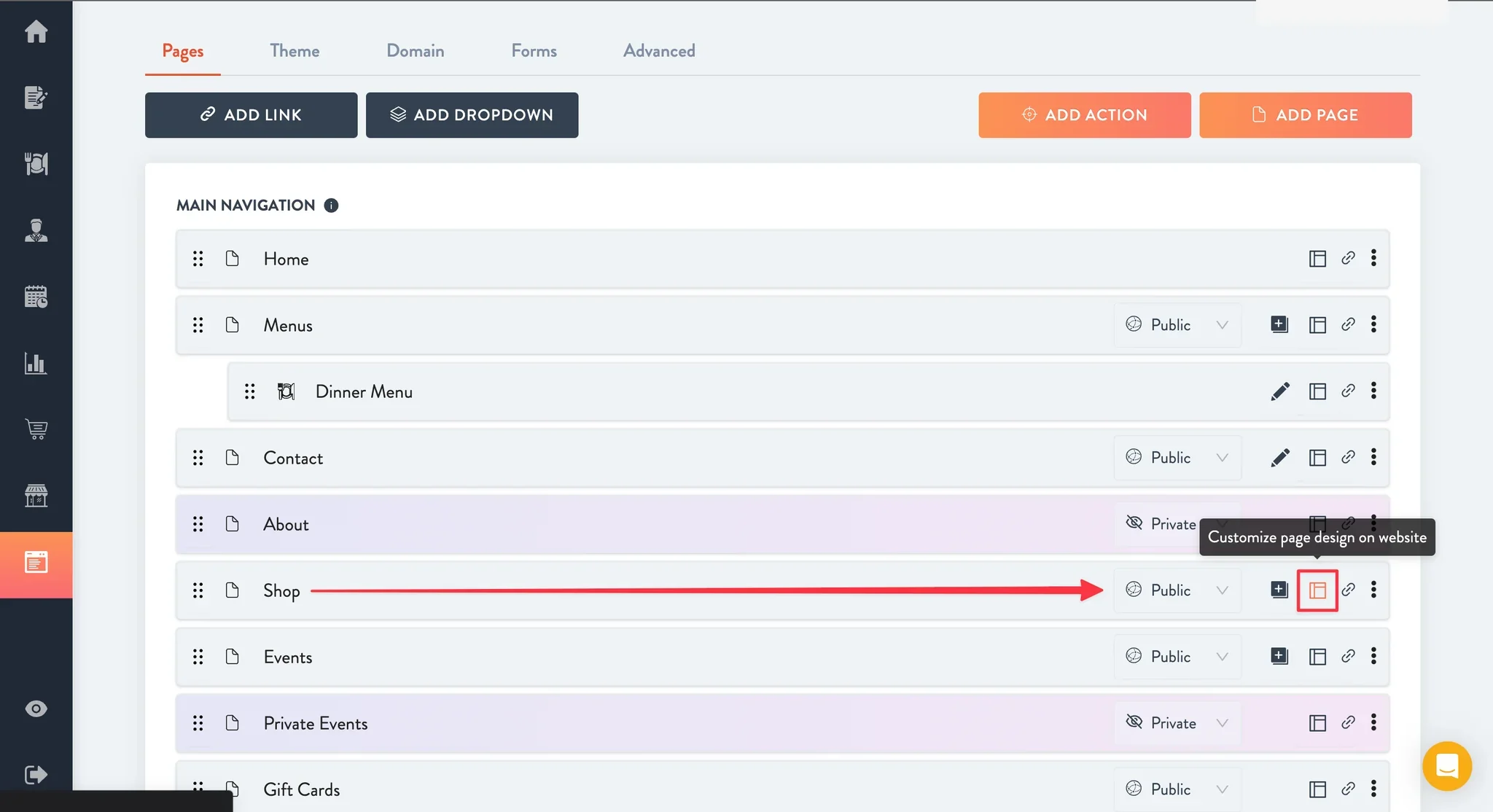 customize page button