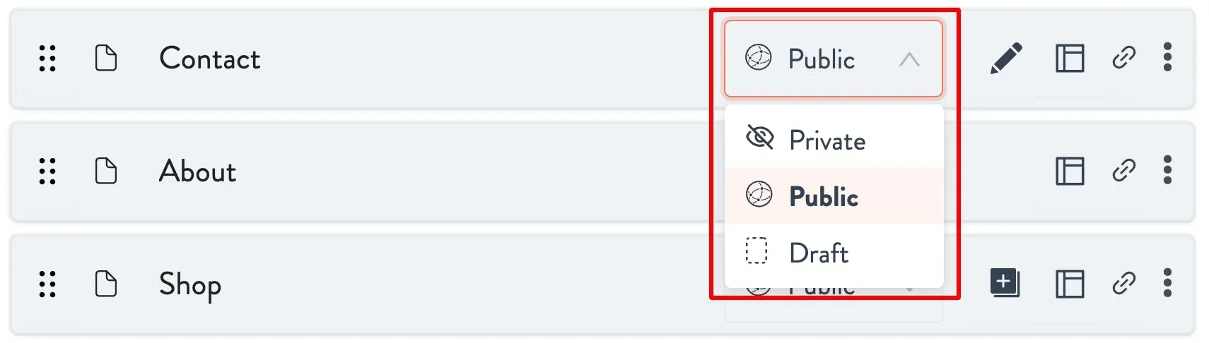 make a page private, public, or a draft