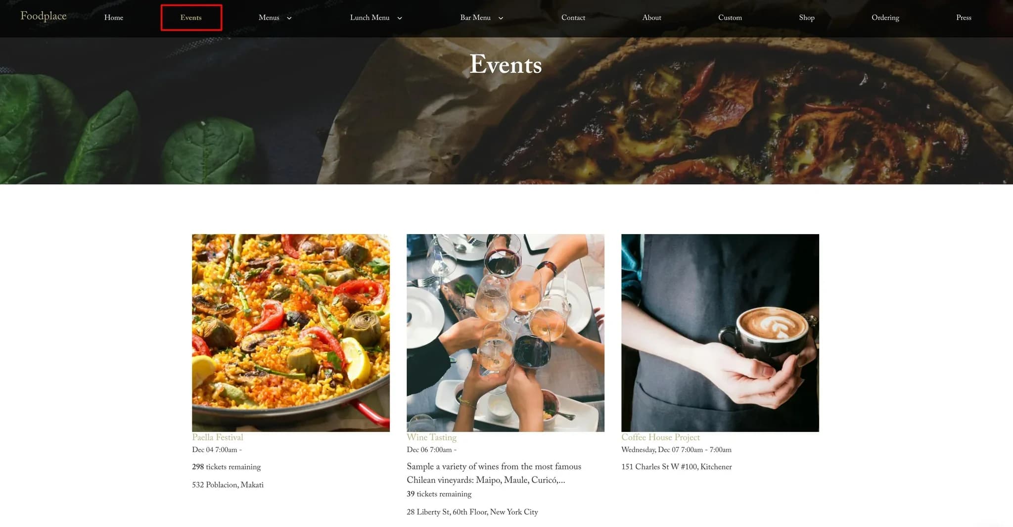 view events on the new page