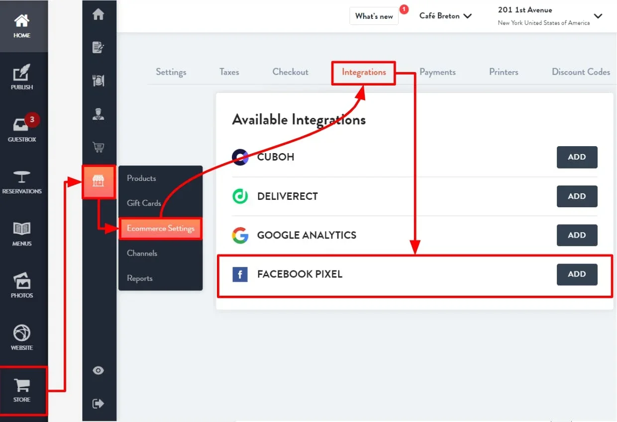 integrations tab within ecommerce settings