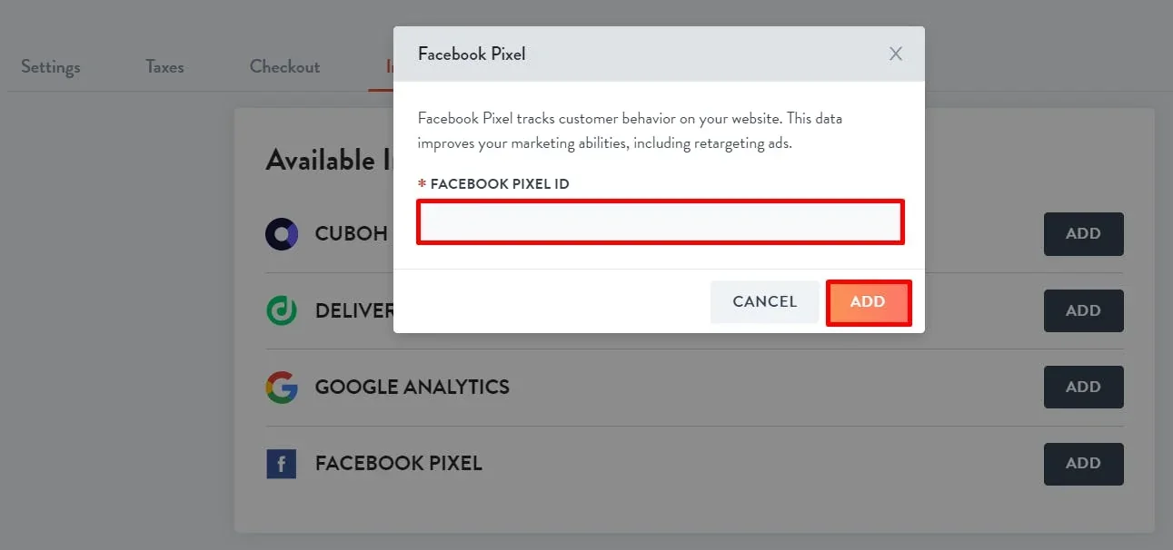 facebook pixel ID entry