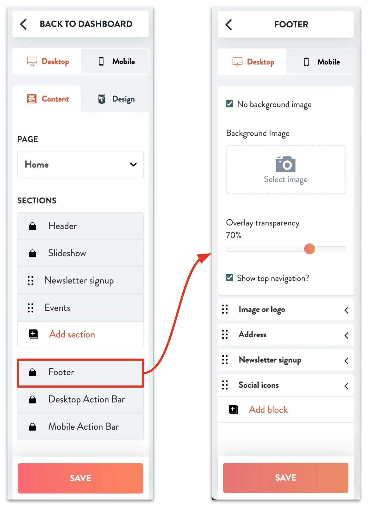 footer settings location