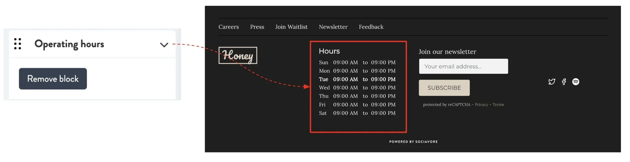 operating hours on footer