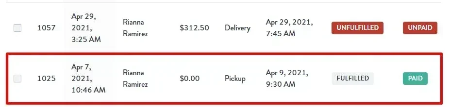 a paid, fulfilled order example
