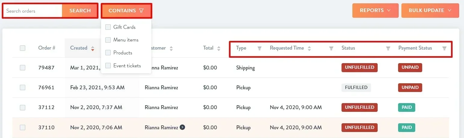 order filters and search