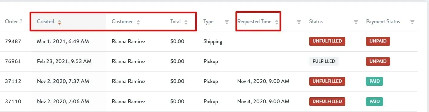 order sorting options