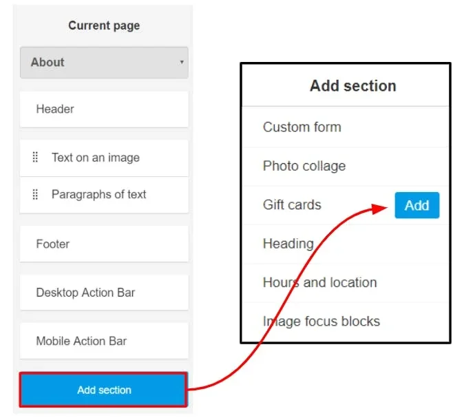 add a gift card section using the left-side add section option