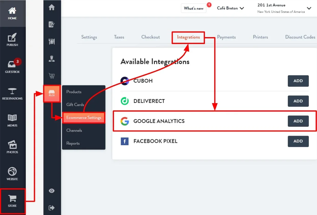 integrations tab under ecommerce settings