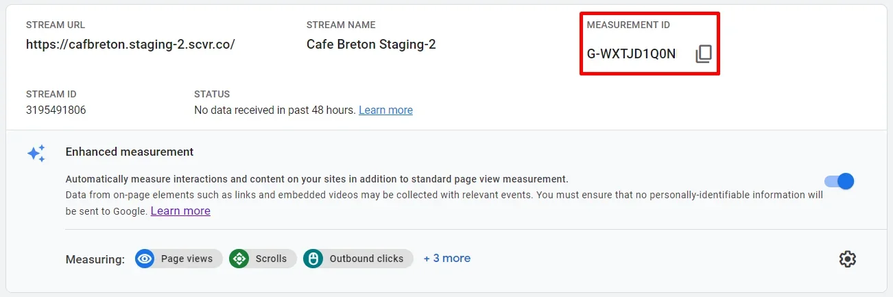 Google Analytics measurement id location