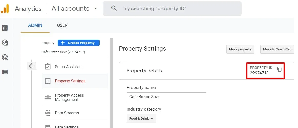 Google Analytics Property ID location example