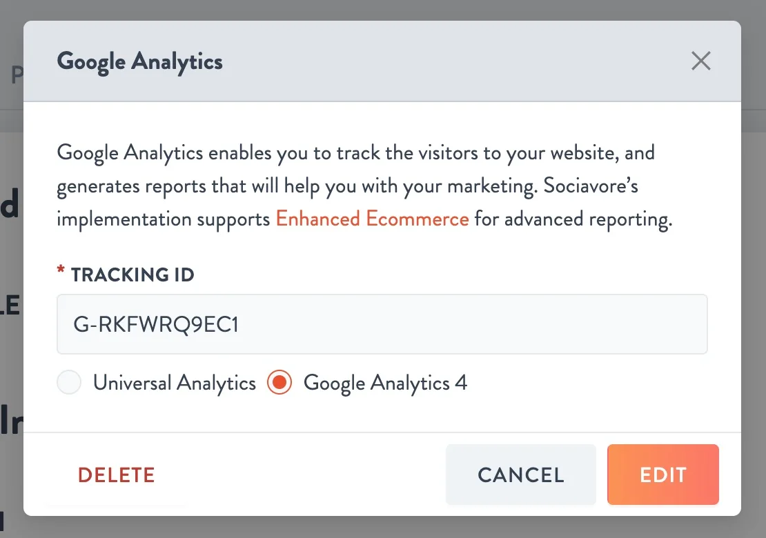 Google Analytics window with a G- Measurement ID in the Tracking ID field and Google Analytics 4 selected
