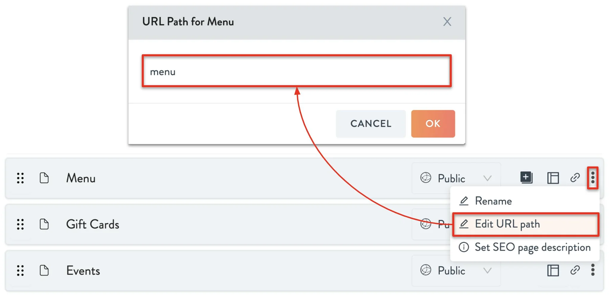find and edit the URL path slug