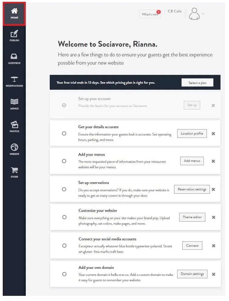 Sociavore home dashboard