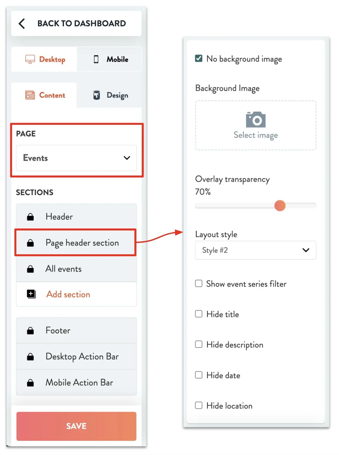 find the events display settings