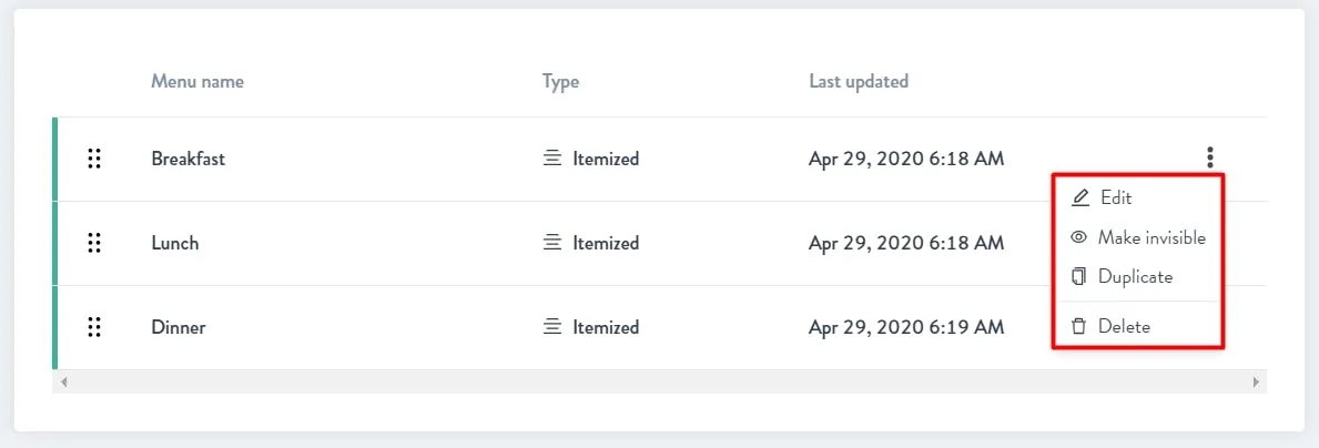 additional options for menus