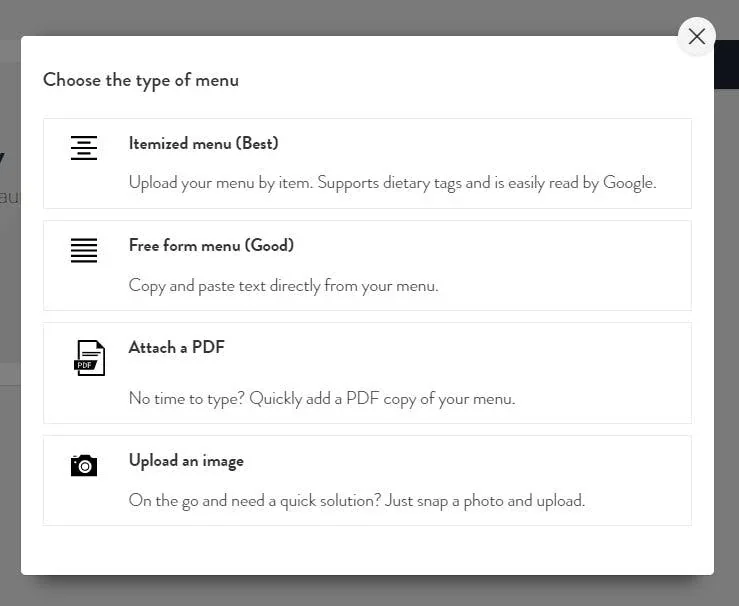 choose a type of menu from free form to pdf