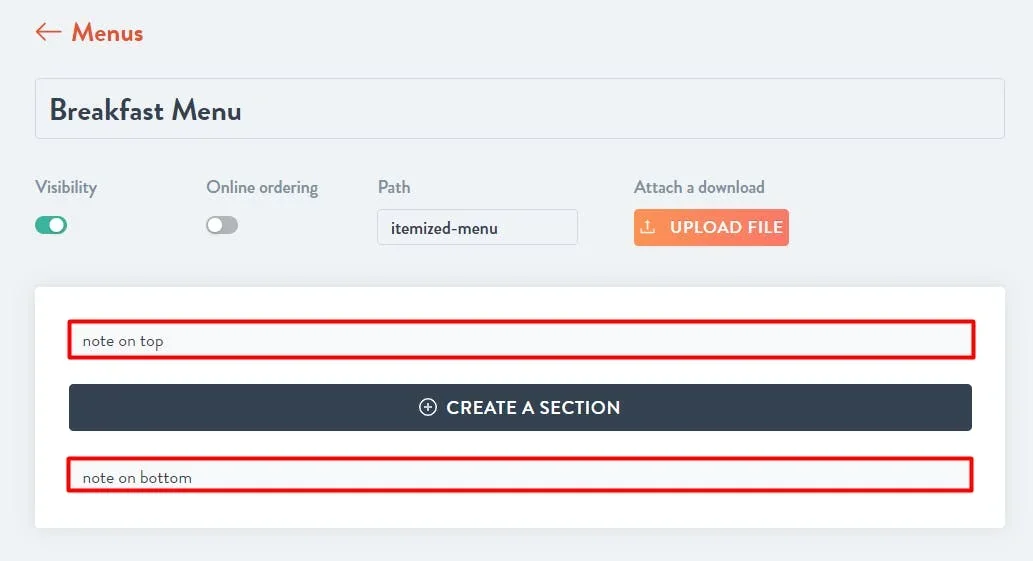 add a note to display with the menu