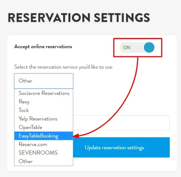 reservations toggled ON with a dropdown of services