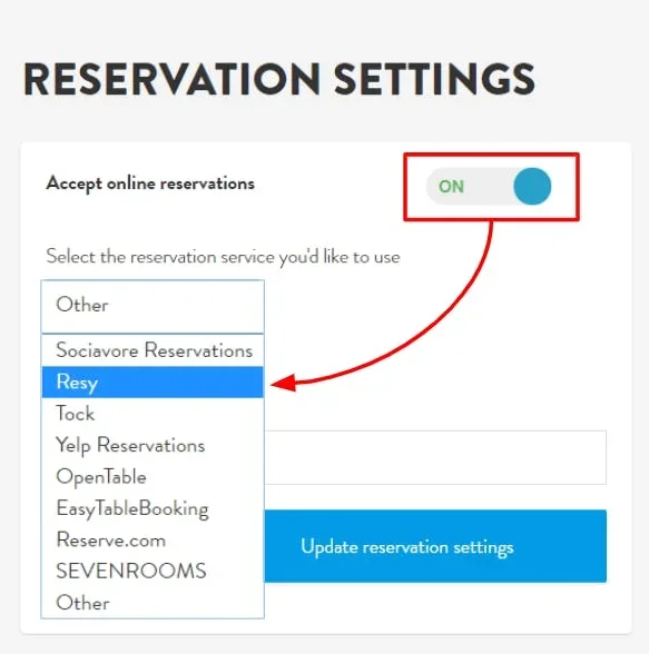 reservations toggled on and a dropdown of service options
