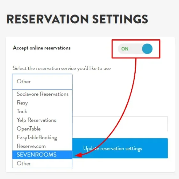 reservations toggled on and a dropdown with reservation service options