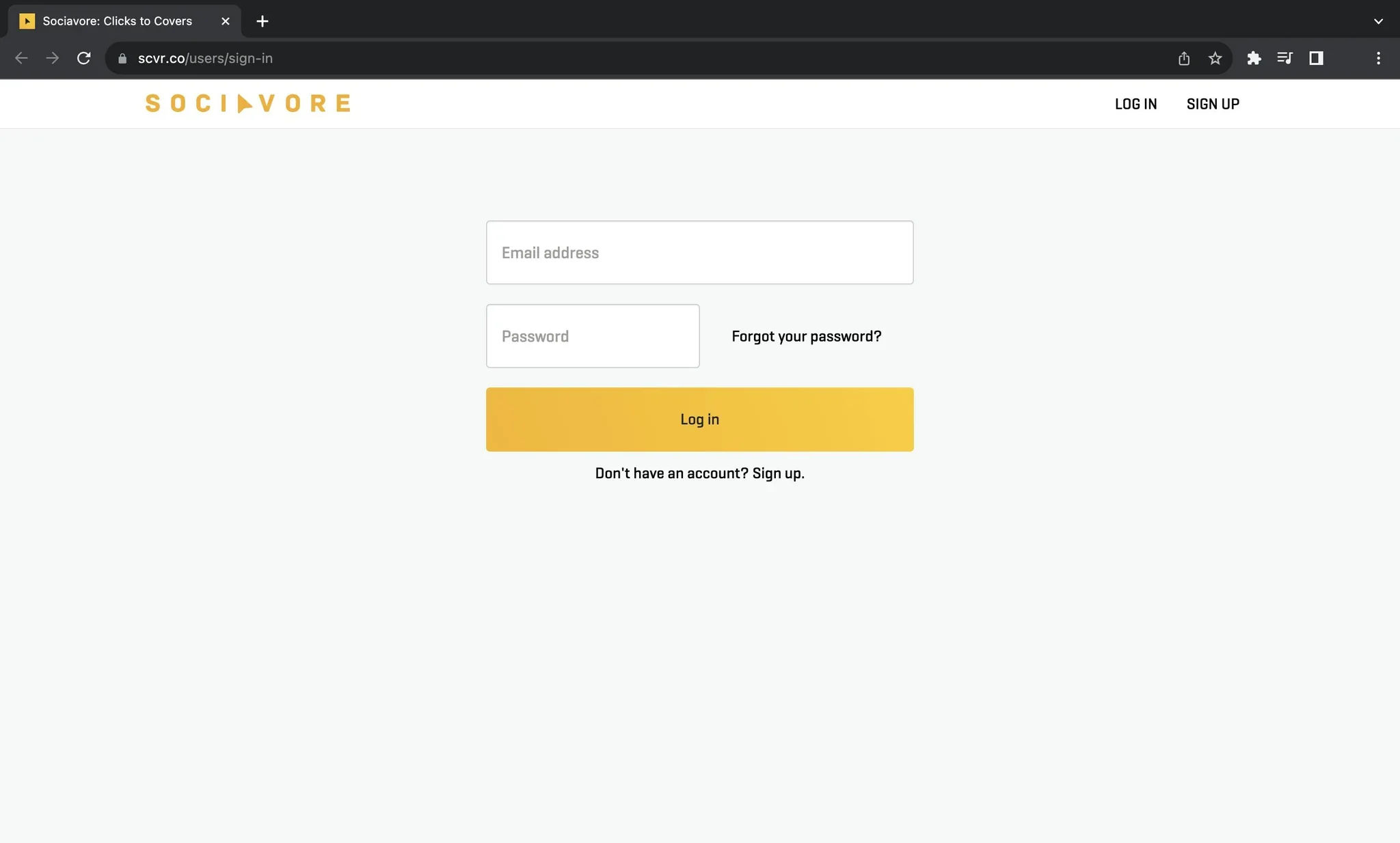 sociavore log in screen to access your website's back end