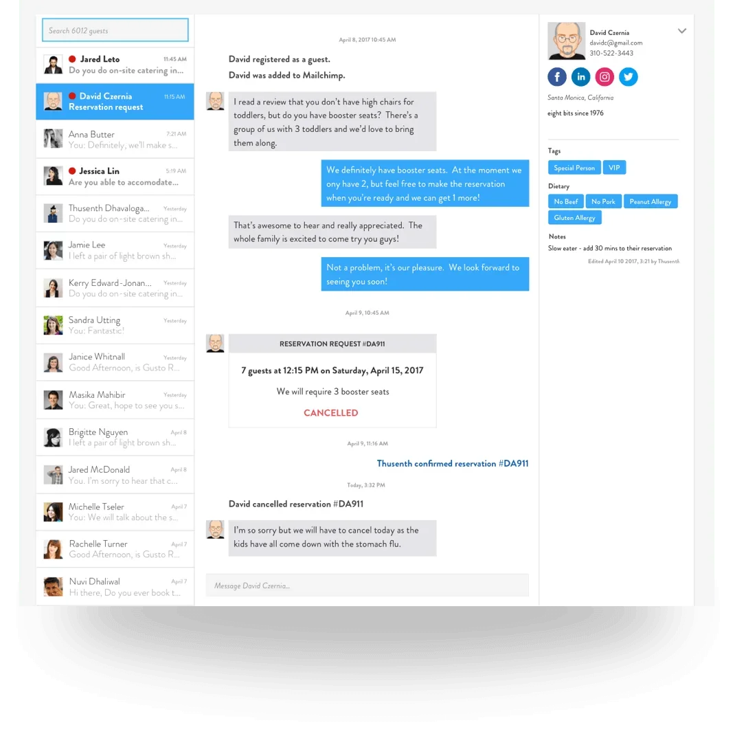full chat example between the restaurant and the guest