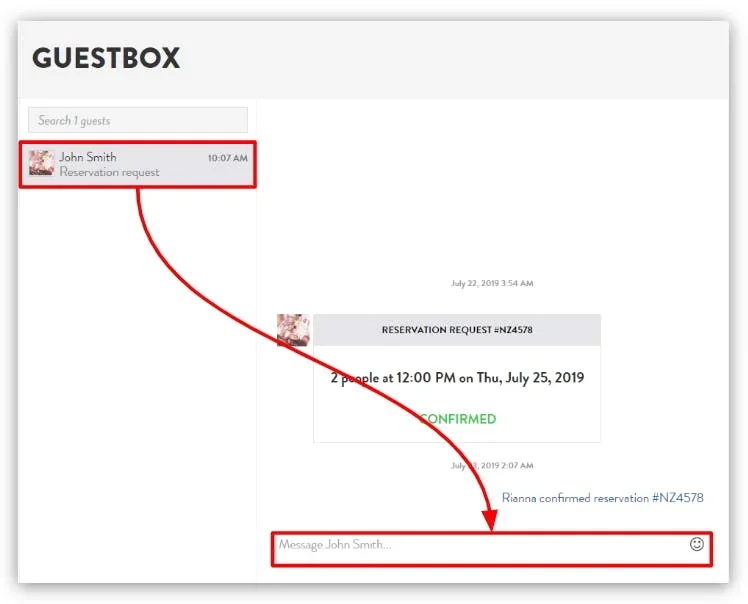guestbox with a message box to respond in