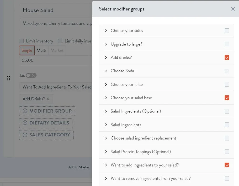 add modifiers to a menu item