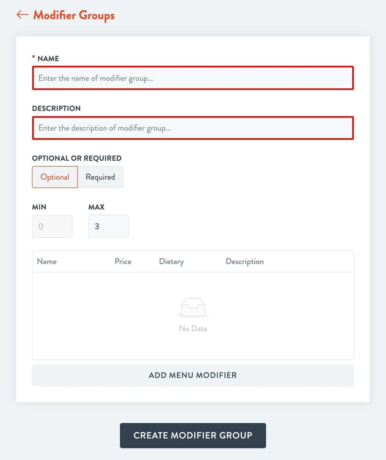 add the name and description of the modifier group