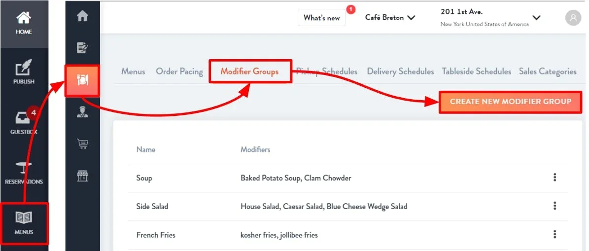 create a new modifier group for a menu item