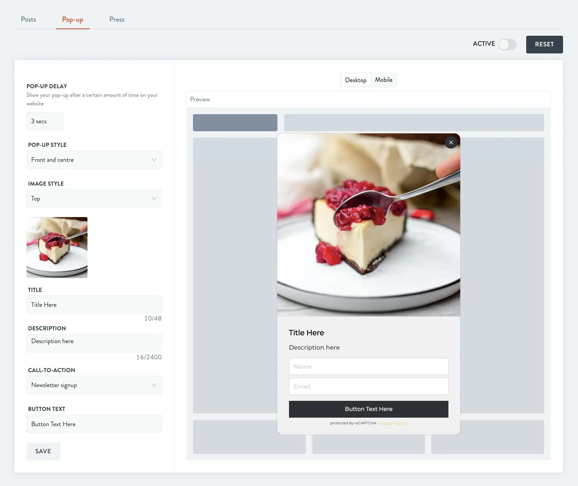 pop-up editor