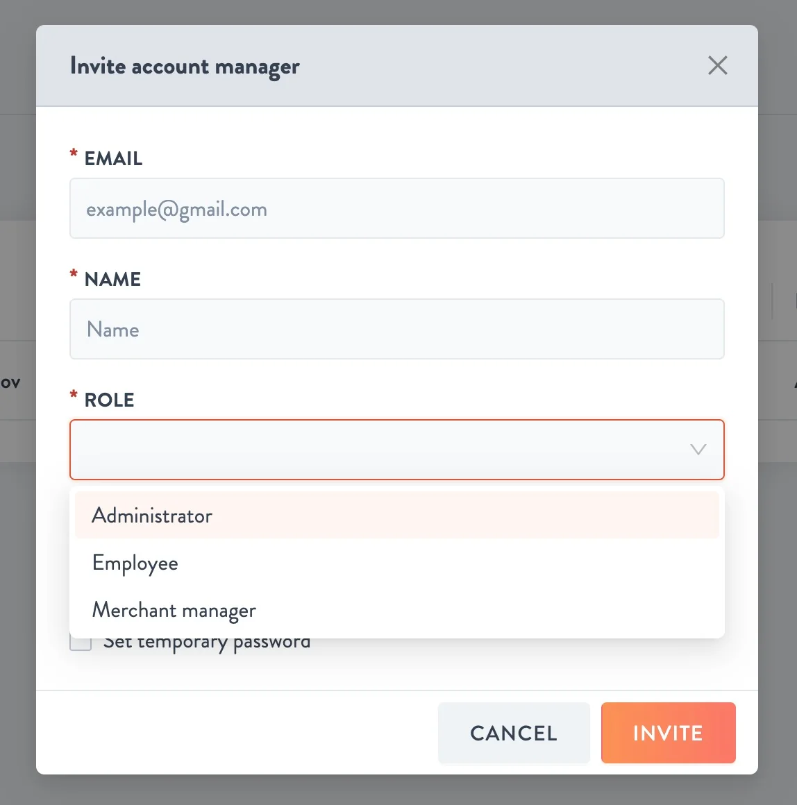 Invite account manager window with Email, Name, Role dropdown (Administrator, Employee, Merchant manager), Locations and Set temporary password