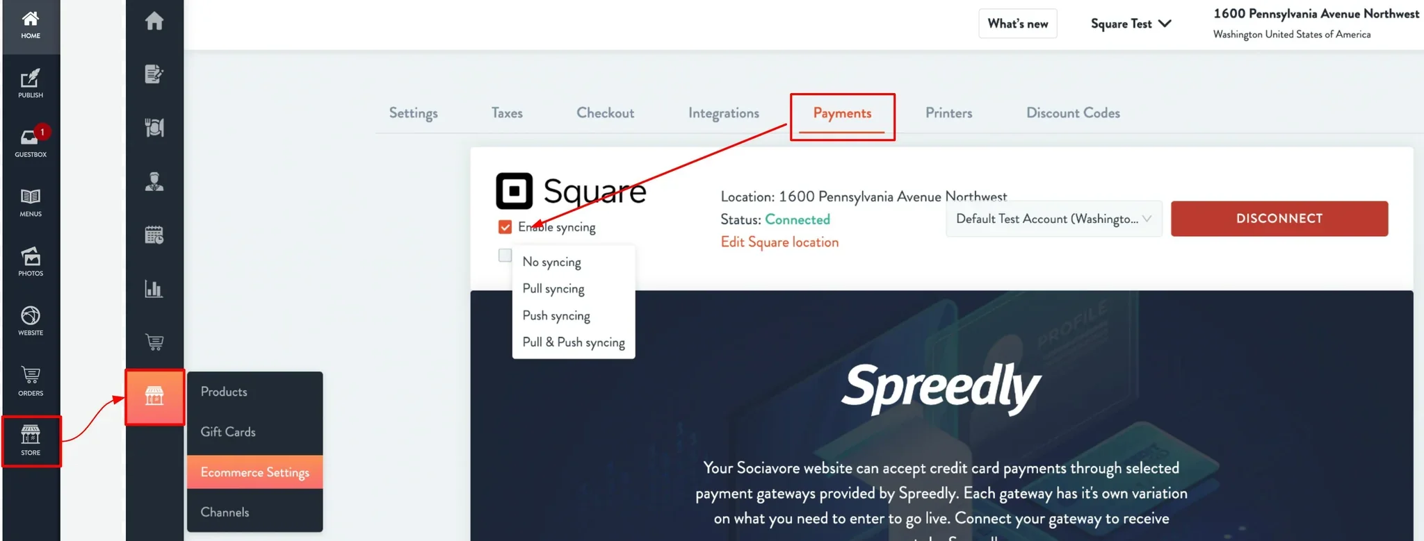 payments tab under ecommerce settings
