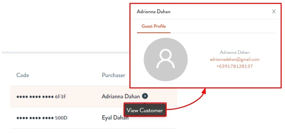 buyer information within the view customer button