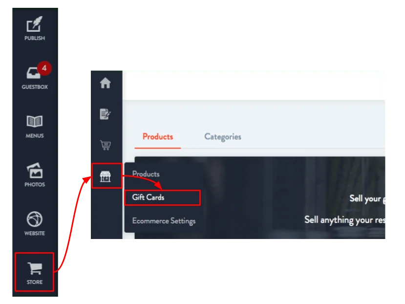navigation to the gift card tab