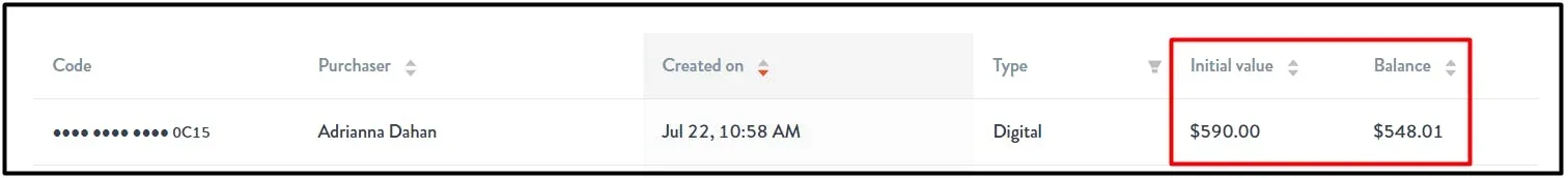 specific gift card details displayed in a row with initial and balance values highlighted